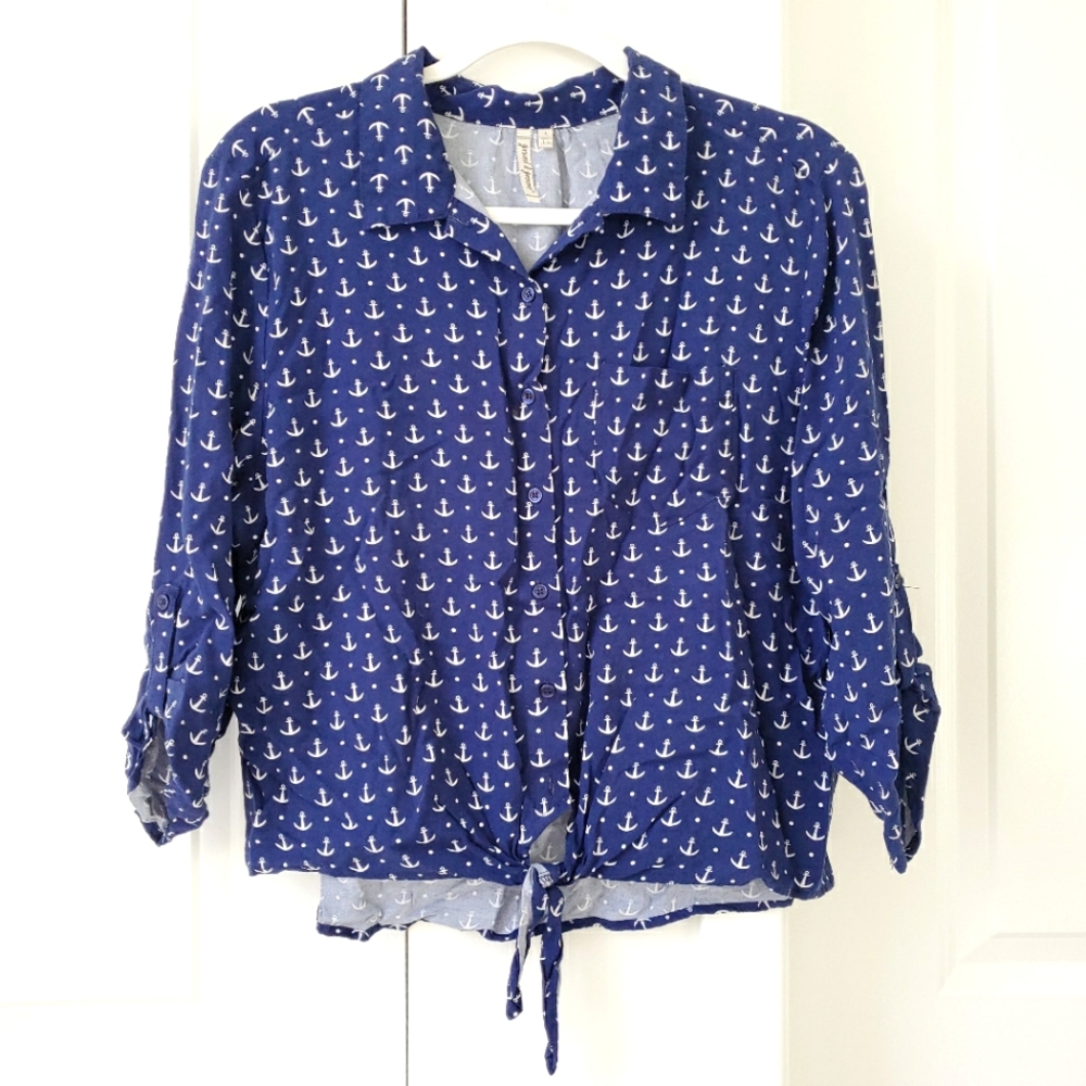 Shirt Navy Blue White Anchor Button Down Top Size L